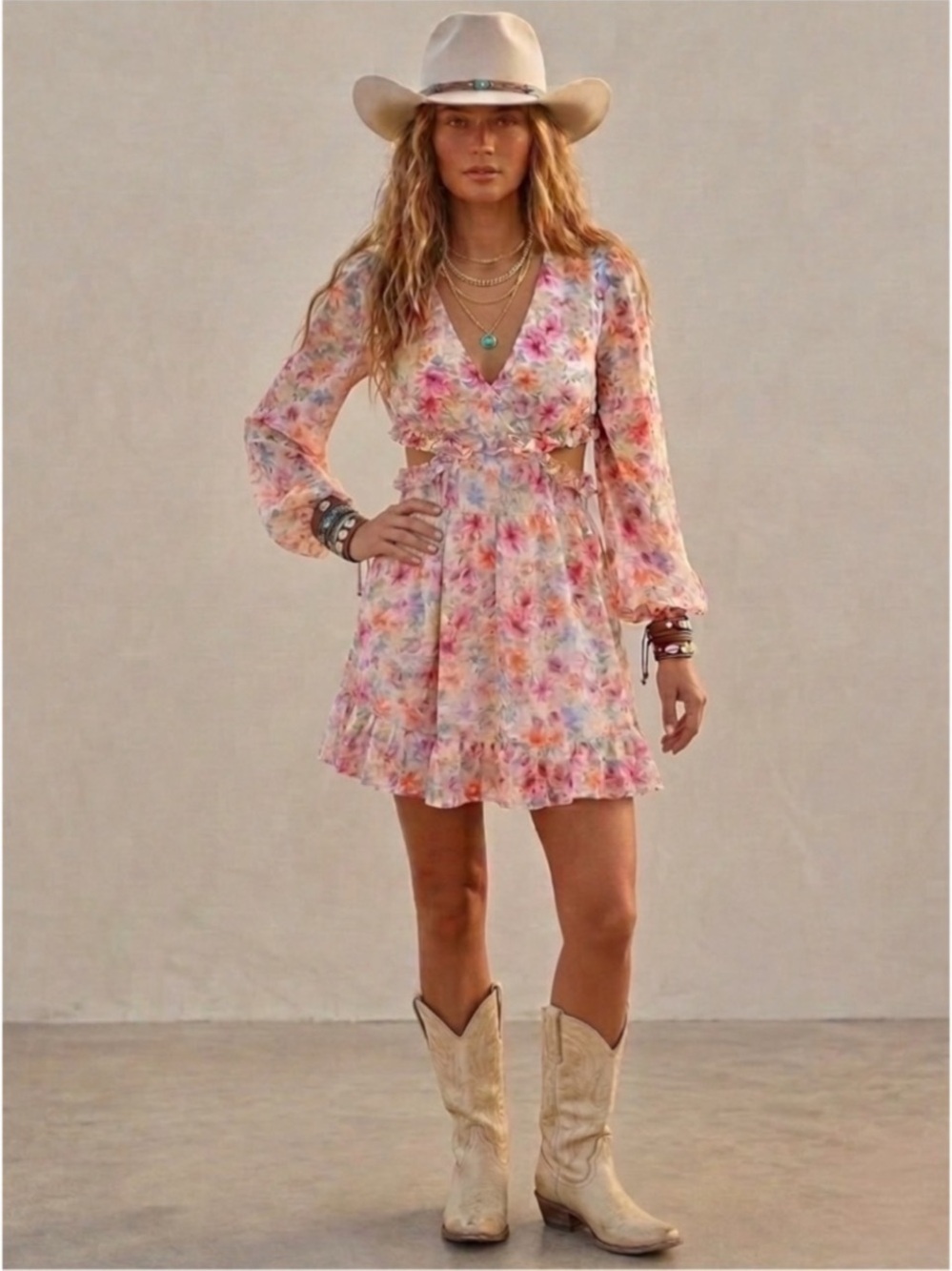 NWOT Buckle x Privy Floral Chiffon Cut Out Ruffle Dress M Coastal Cowgirl Boho